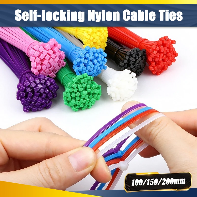 100/150/200mm Nylon Cable Tie Self-Lock Cable Ties Nylon Wire Zip Durable Organiser Fastening Ring Colored Plastic Binding Strap