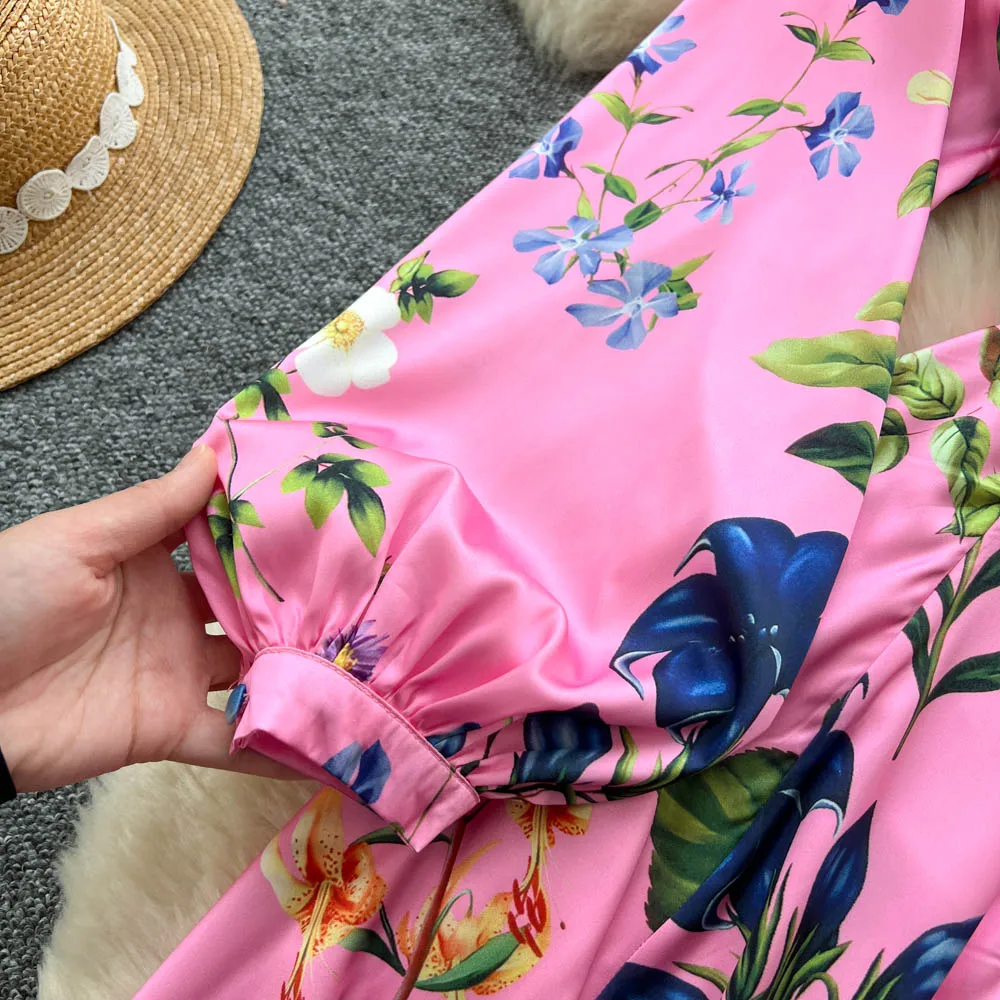 シックなヴィンテージ風長袖シングルブレストOネックプリントエレガントフェアリー韓国ファッションボヘミアン女性服ワンピース