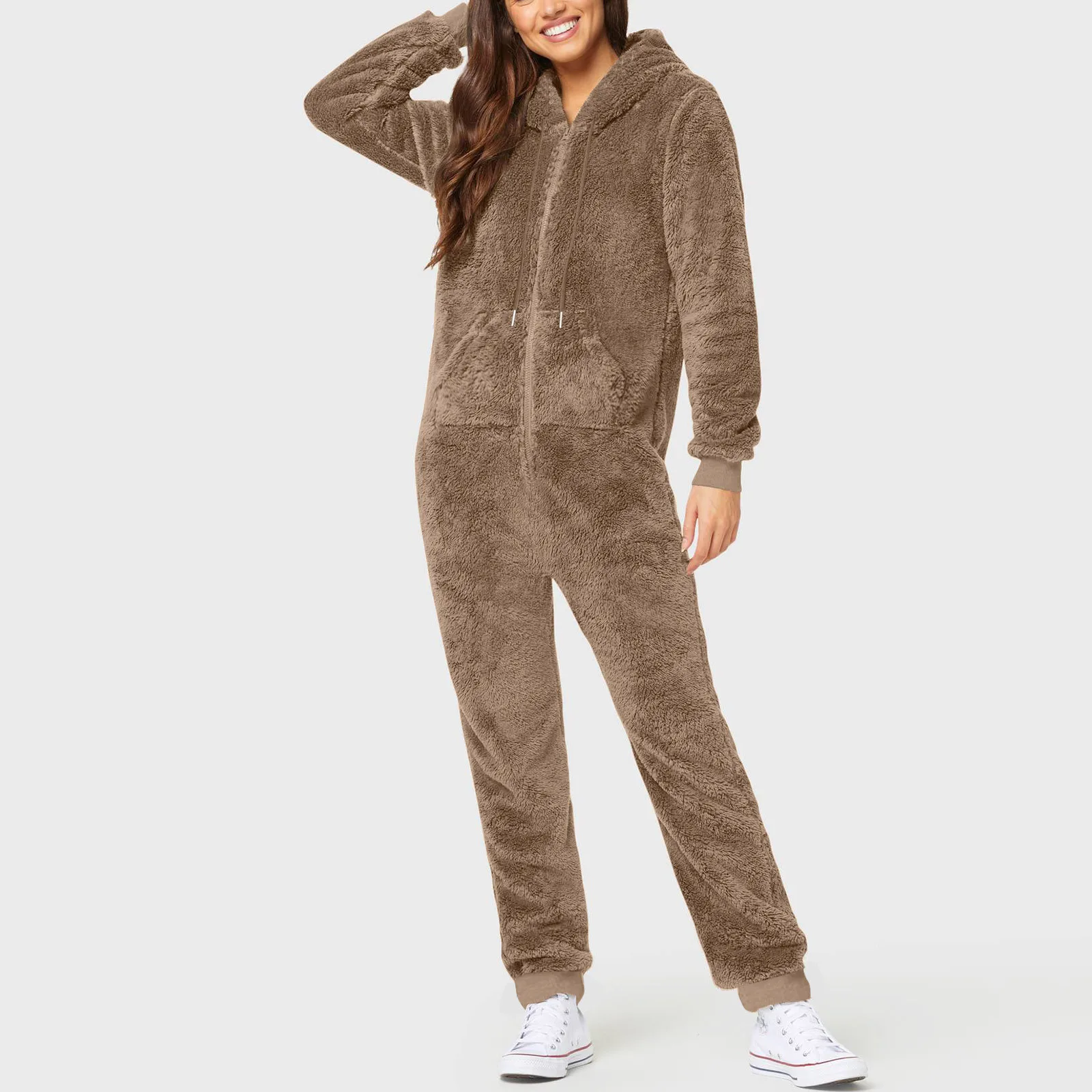 Women\'s Artificial Wool Pajamas Solid Color Sleepwear Full Body Zipper Hooded Jumpsuit Autumn Winter Warm Fleece Rompers Onesie