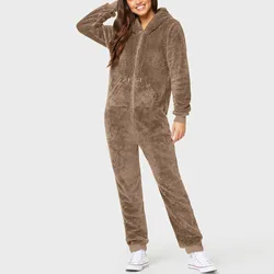 Women's Artificial Wool Pajamas Solid Color Sleepwear Full Body Zipper Hooded Jumpsuit Autumn Winter Warm Fleece Rompers Onesie