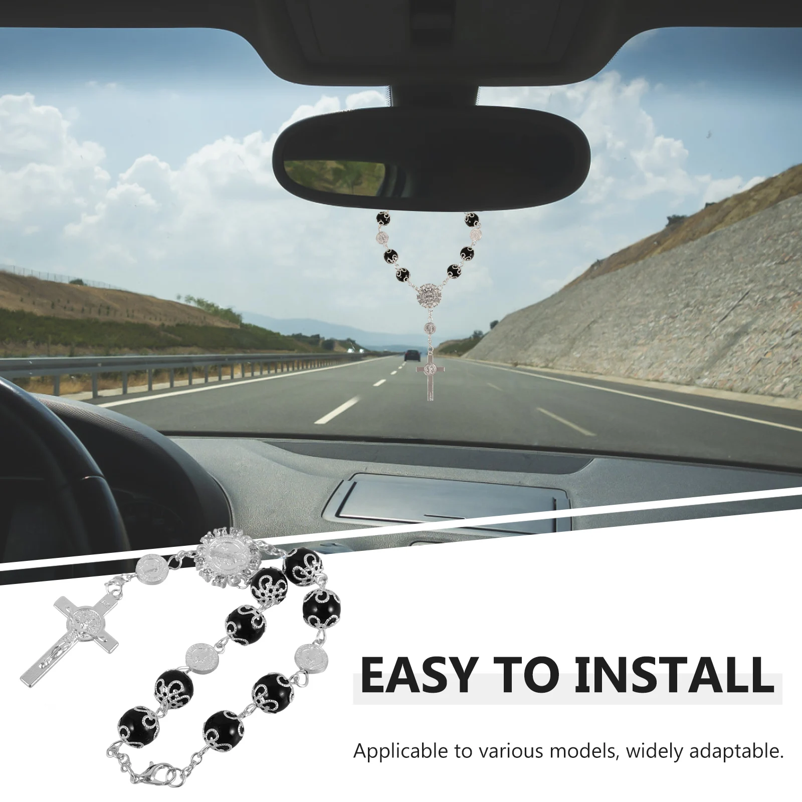 

Car Rosary Bracelet White Cross Chain Prayer Beads Rear View Mirror Hanging Accessories Car Decorations Cross Pendant