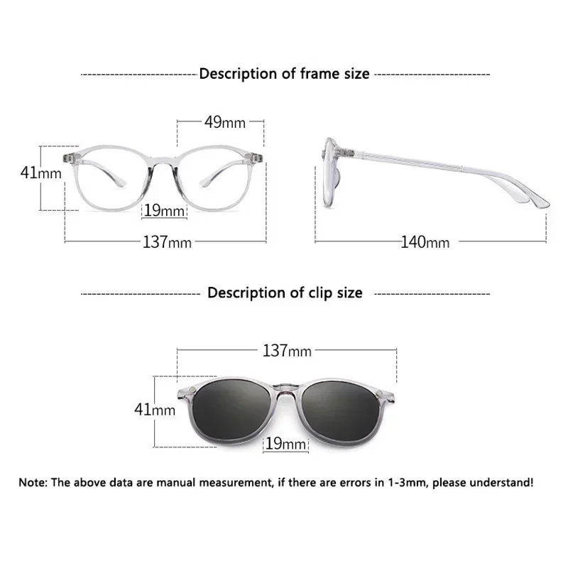 2 IN 1 Transparent Frame Women Myopia Sunglasses 6 In 1 Magnetic Clip Glasses Round Men Polarized Prescription Eyeglass