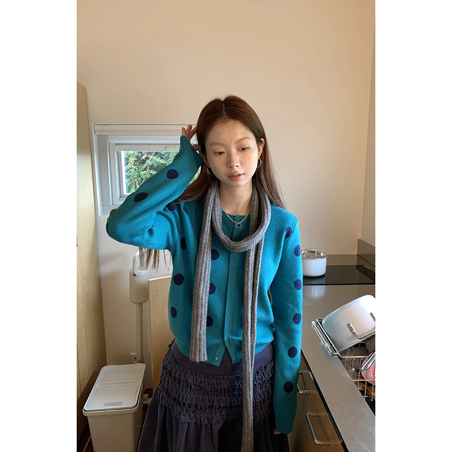 

Женский вязаный кардиган HelloooEat в винтажном стиле в горошек, приталенный, с круглым вырезом, на одной пуговице, с длинными рукавами, свитер-жакет