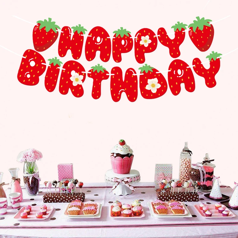 Strawberry Happy Birthday Banner Theme Boy Girls Party Decoration Supplies Cake Table Party Decoration Pull Flag