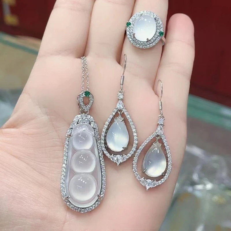 Natural High Ice White Jade Marrow Pendant Four Seasons Beans Water Drop Earrings Silver Plated Inlay Temperament Gift
