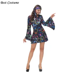 70's Clothing Disco Dress for Women Sexy Dress Off Shoulder Long Sleeves Shiny Print Halloween Hippie Disco Costume