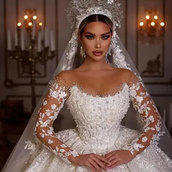 فساتين زفاف الأميرة الفاخرة فستان زفاف عتيق مطرز بالخرز تول ...