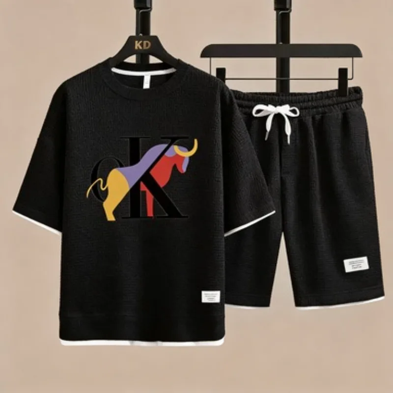 

Vintage Style Waffle Tracksuit Men Multicolor Bull Graphic T-Shirt And Shorts Set Fashion Outfit 2026