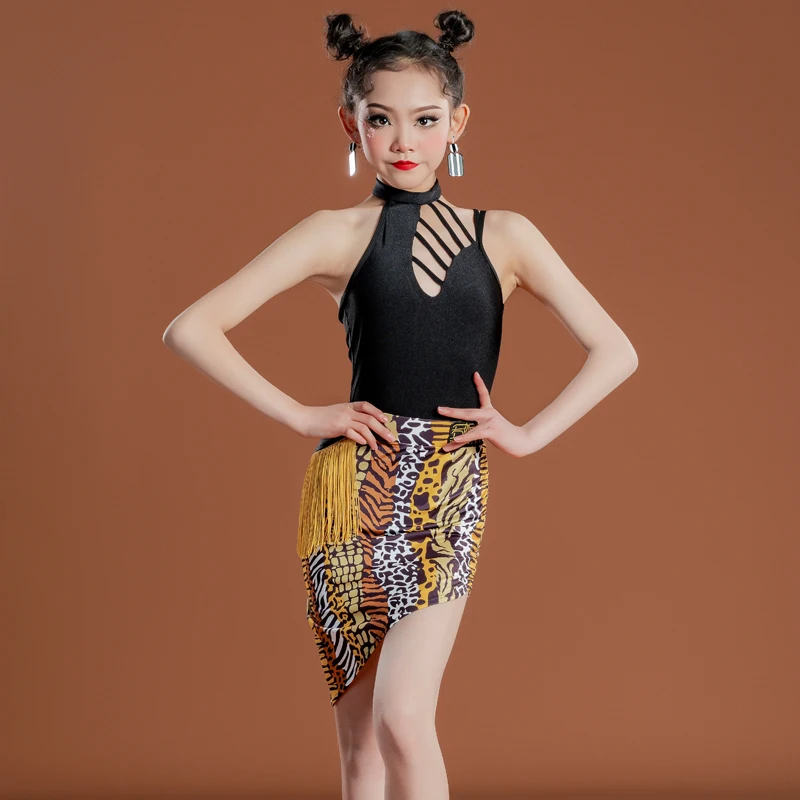 

Girls Latin Dance Costume Black Sleeve Tops Leopard Skirt ChaCha Samba Salsa Performance Wear Girls Competition Dresses DL10896