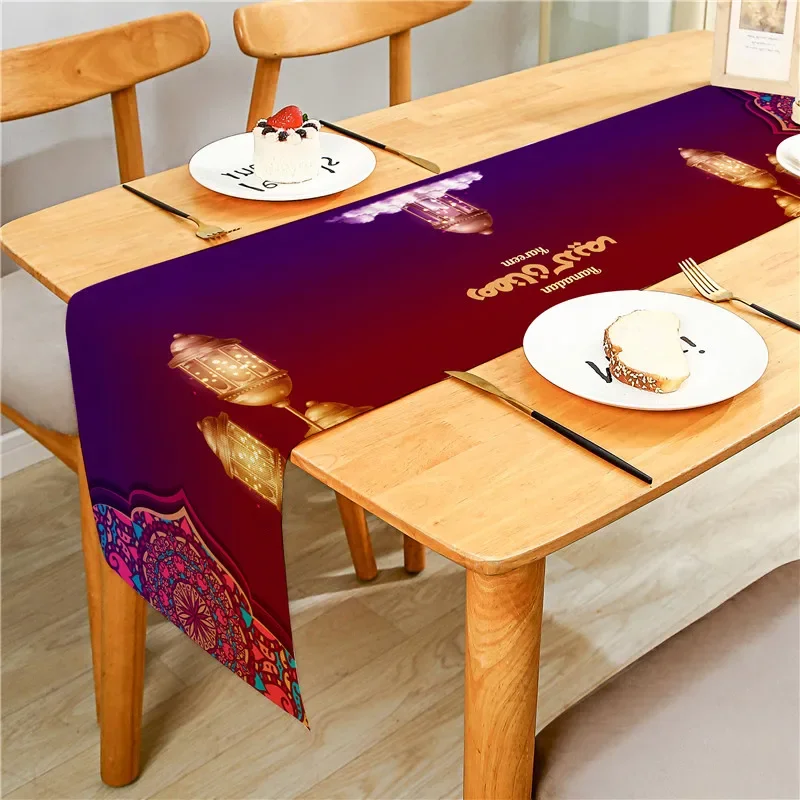 

Eid Mubarak Moon Ramadan Lantern Purple Brown Linen Table Runner Cloth Cover Anti-Slip Stain for Dinner Celebrate Party Decor