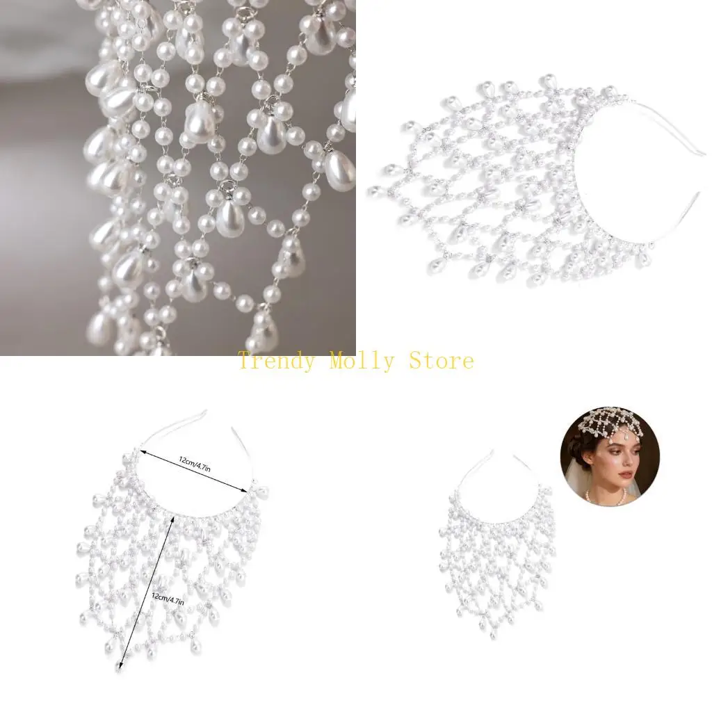 

N5KB Modern Sparkling Pearls Headbands Hair Jewelry Bridal Headpieces Party Full Pearls Tassels Eye-catching Hair Jewelry