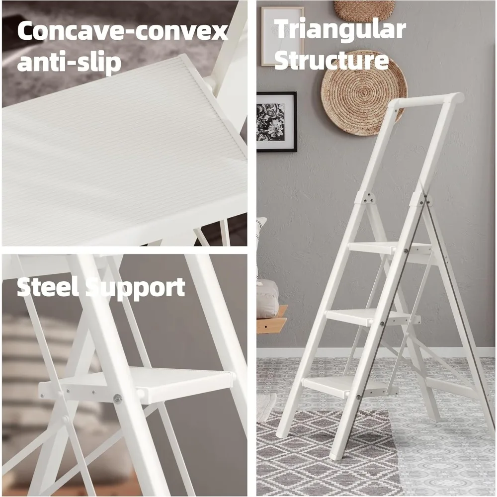 Apex 3-staps opvouwbare aluminium trapladder met handgreep, antislippedaal, capaciteit van 330 lbs, lichtgewicht en draagbaar voor thuis