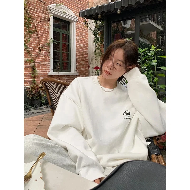 

Lazy Wind White Crew Vintage Baggy Sweatshirt Women Spring Autumn Harajuku Style Letter Printing College Long Sleeves Pullover
