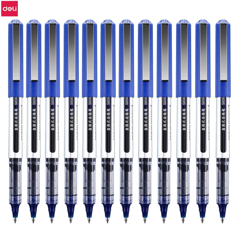 Deli Rollerball Pens, 12 Pack Blue/ Black Liquid Ink Ballpoint Gel Pens, 0.5 mm Fine Tip Rolling Ball Pens for Writing Drawing