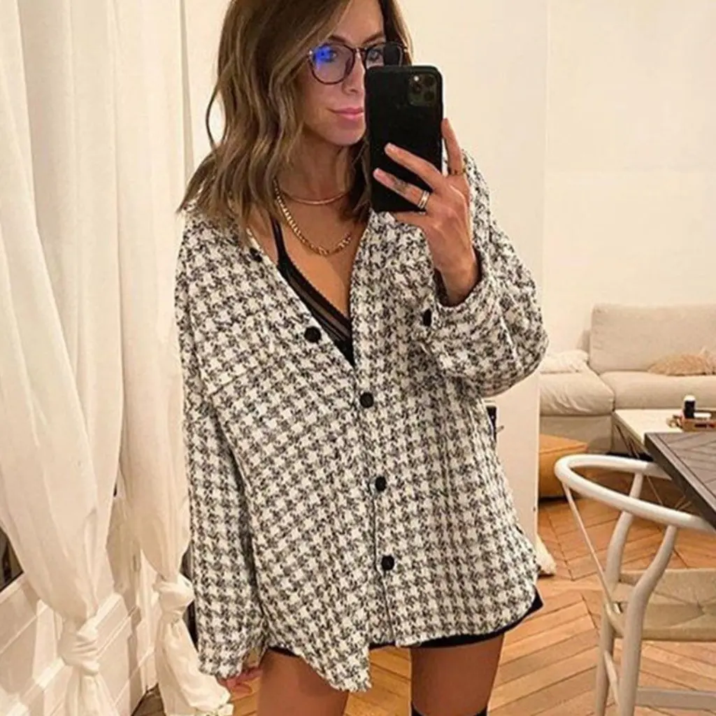 

Women's European American INS Autumn Lapel Single-Breasted Loose Woolen Jacket Long-Sleeved Textured Casual Trendy Cardigan