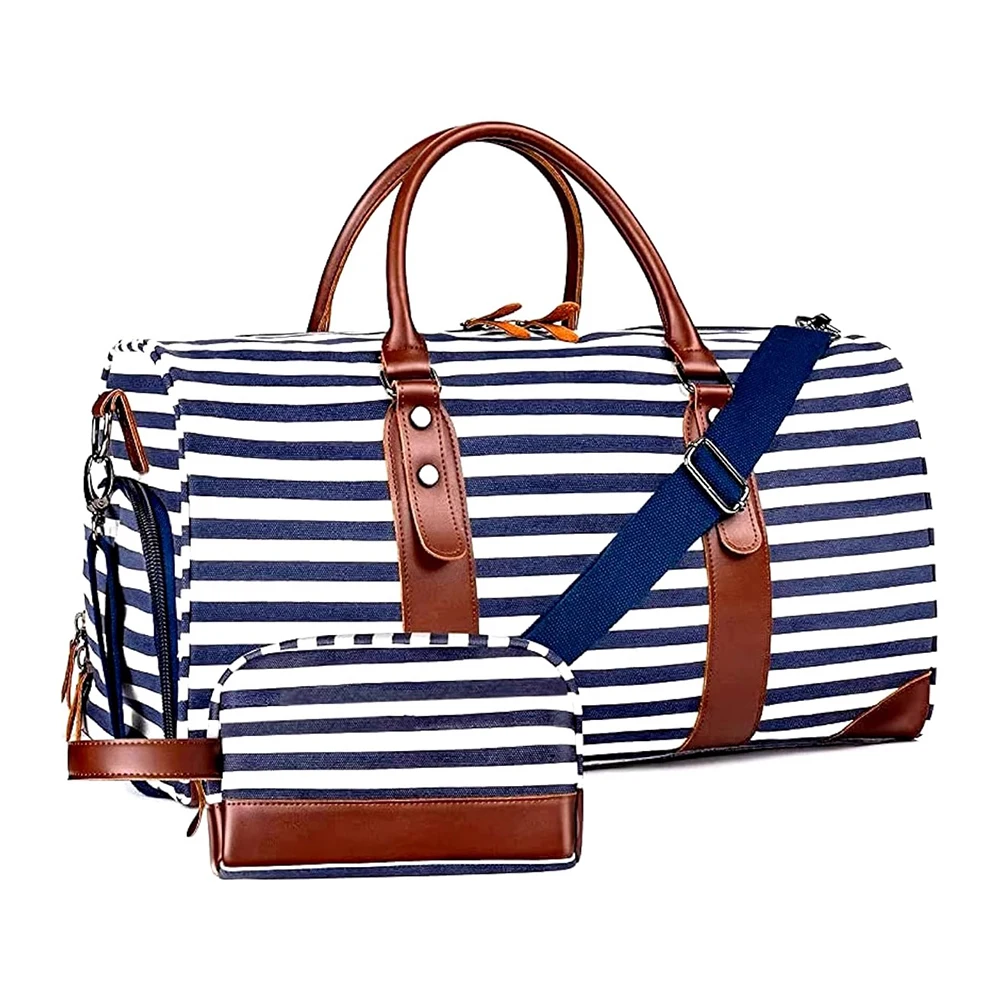 Striped Canvas Weekender Duffle Bag with Matching Cosmetic Bag Large Overnight Travel Carry On Bag with PU Trim Adjustable Shoul
