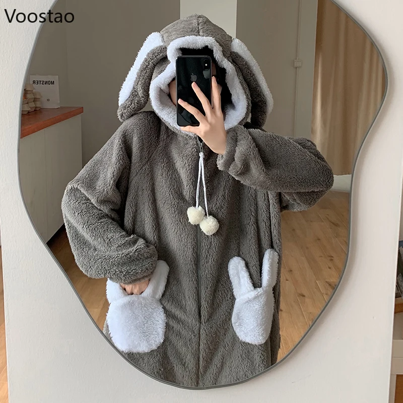 Sweet Bunny Hooded Onesies Women Pajamas Cute Pijama Winter Warm Sleepwear Kawaii Female Nightwear Pyjamas Jumpsuit Homewear