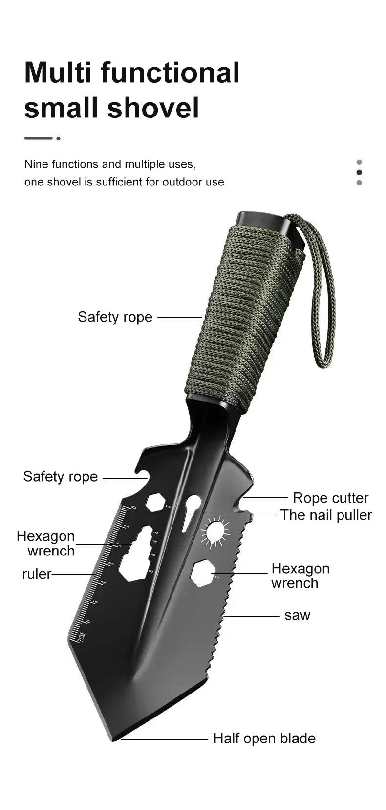 Stainless Steel Multi-functional Small Tactical Hand Shovel Camping Portable Engineer Shovel Field Survival Tools Outdoor