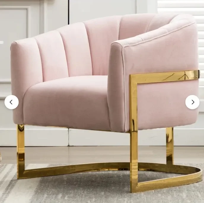 New Horizontal Panel Tufting Barrel Chair Single Sofa Stylish Brushed Stainless-steel Finish Frame Pink Velvet Armchair