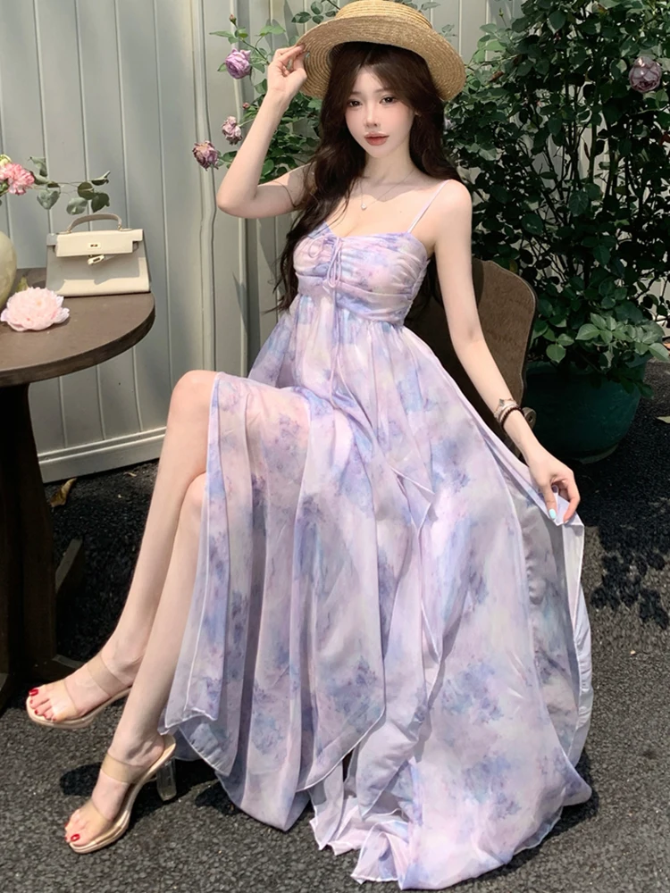 Vrouwen paarse print chiffon gegolfde maxi-jurk zomer elegante sling sexy strandjurk 2025, Koreaanse mode bodycon vakantiejurken