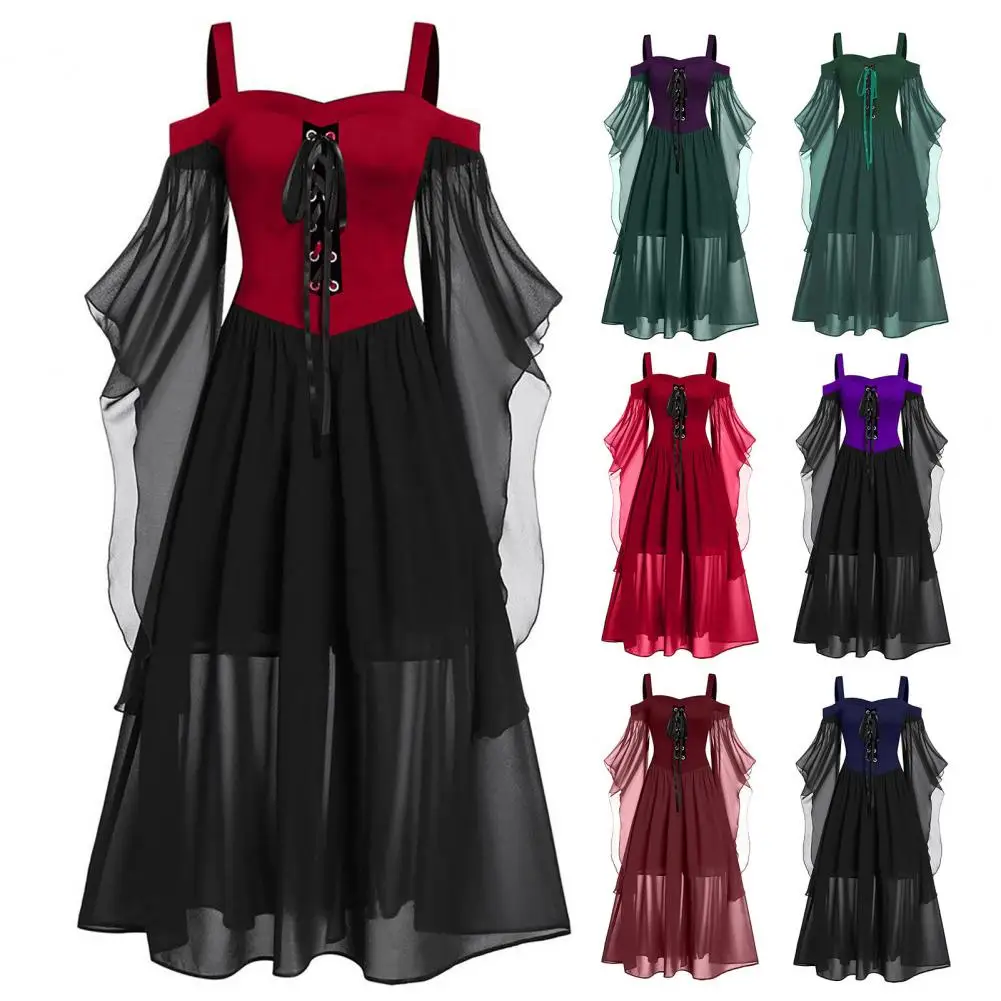 

2024 Medieval Dress Gothic Punk Style Suspenders Cold Shoulder Halloween Witch Dress Front Cross Bandage Cosplay Women Dresses