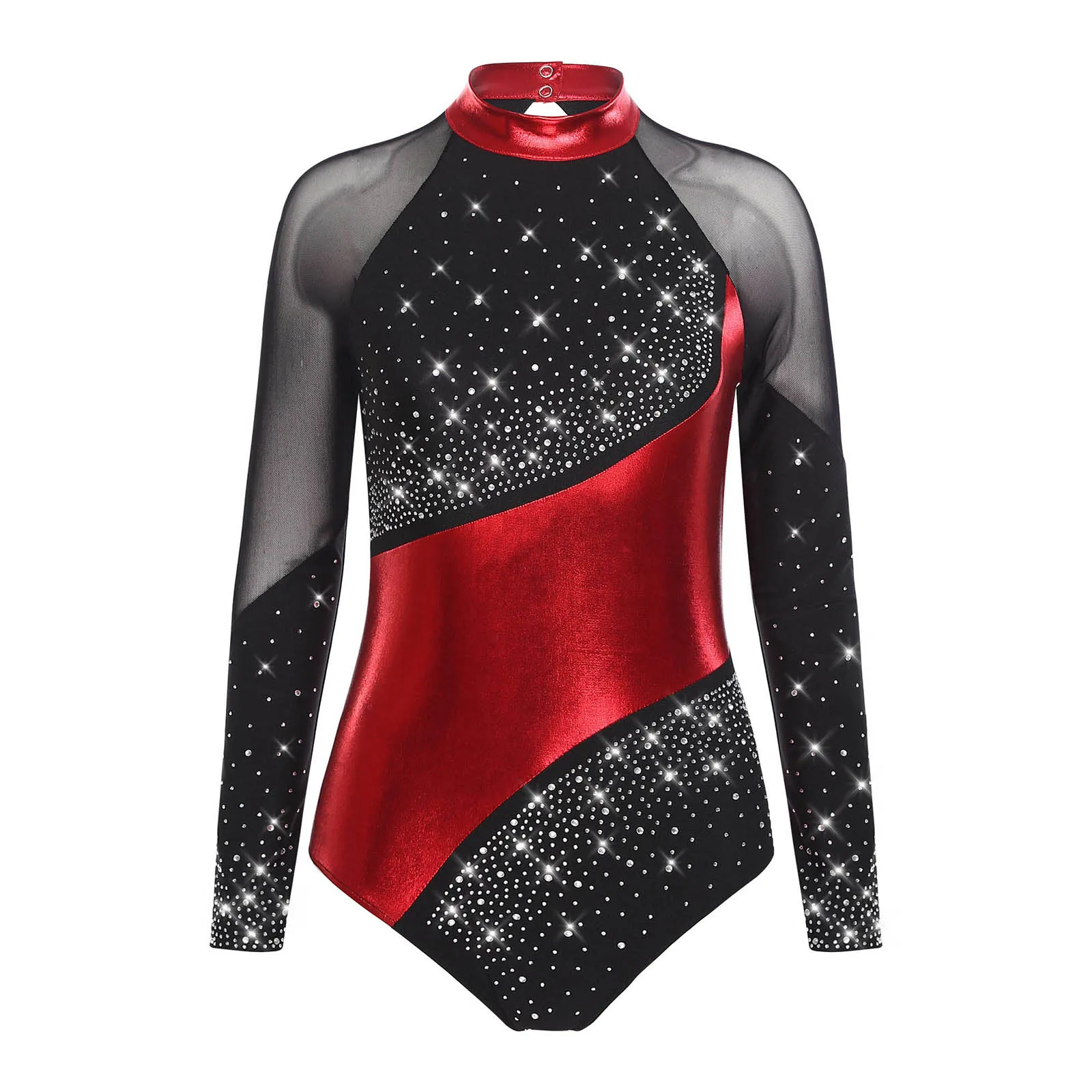 

Womens Elegant Practice Skating Wear Long Sleeve Mock Neck Unitard Stretch Mesh Leotard for Gymnastics Ballet Contemporary Dance