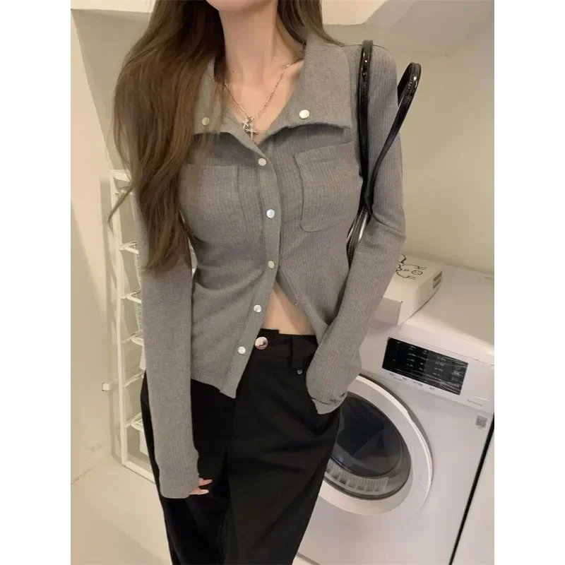 Chemises grises pour femmes, chemisiers Slim et élégants de Style coréen, esthétique Y2k, manches longues, haut Sexy pour dames, Harajuku, mode Chic de printemps