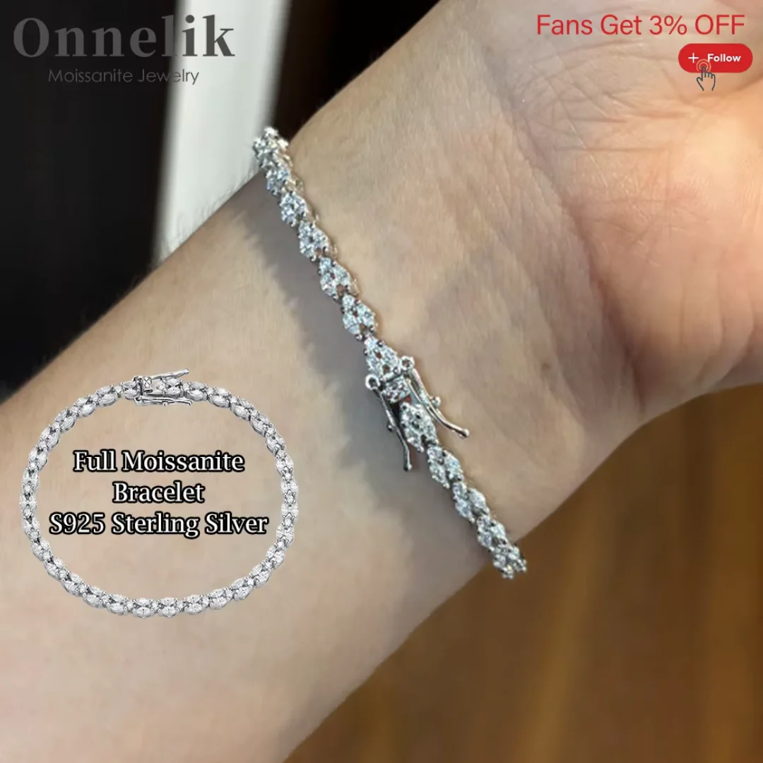 

Onnelik 100% стерлингового серебра S925, полный 1,5*3 мм, высокоуглеродистый камень, двухрядный браслет с цирконом маркизы 5A для женщин, ювелирные изделия