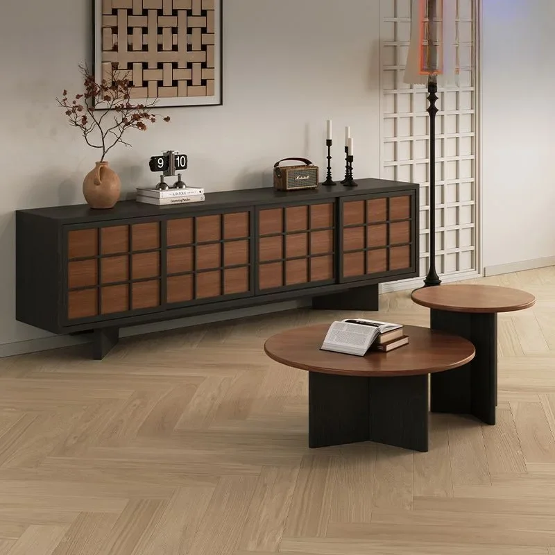 cabinet coffee table combination small apartment retro living room high sense solid wood high storage floor cabinet
