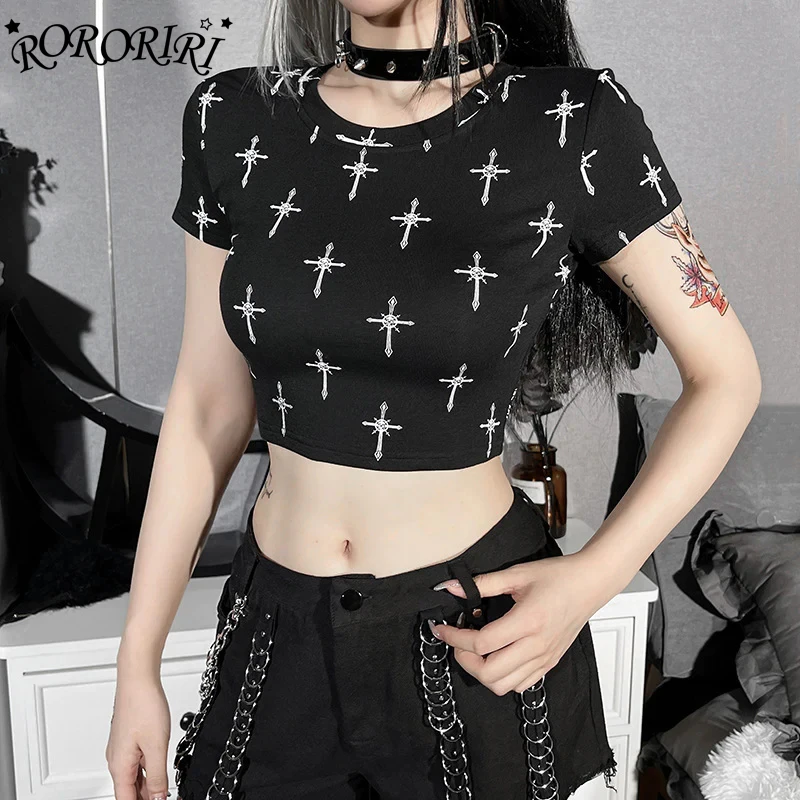 RORORIRI All Over Print Cross Women Baby Tee Punk Black Short Sleeves O-neck Crop Top Graphic T-shirt Gothic Grunge Streetwear