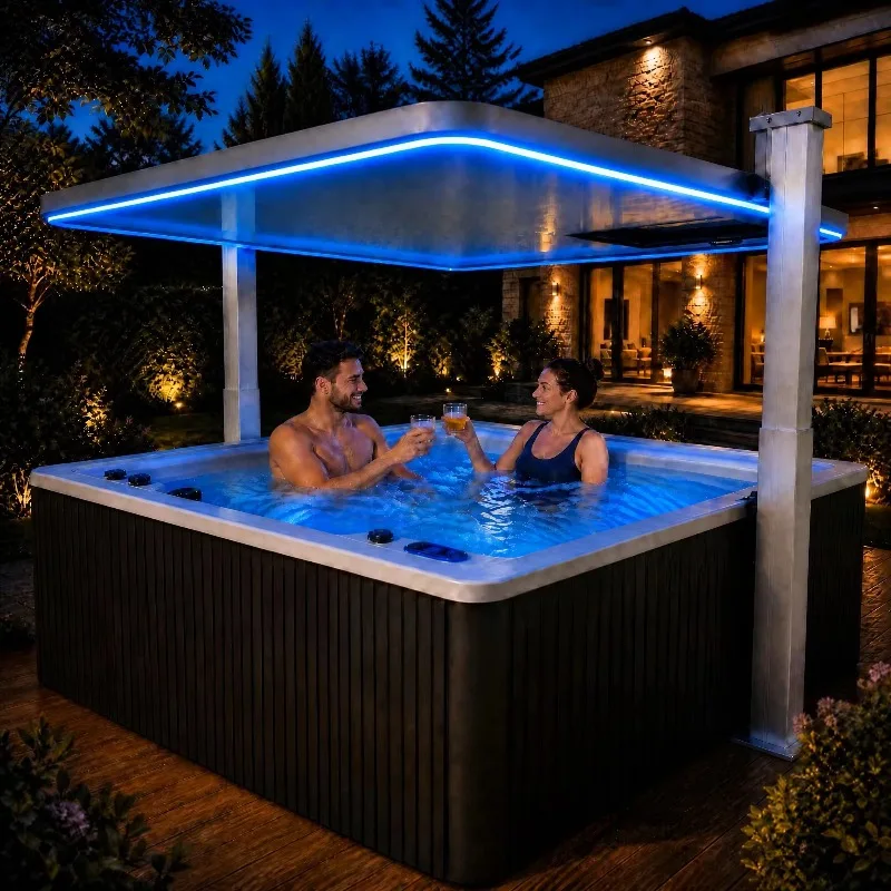 Outdoor Hot Tub Spa With Electric Lifting Canopy LED Ambient Light 5 Person Acrylic Whirlpool For Villa Garden Entertainment