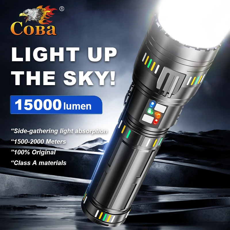 COBA Ultra Powerful LED Spotlight Long Range Flashlight Fluorescent Absorbing Film Luminous Zoom Flashlight Camping Emergency