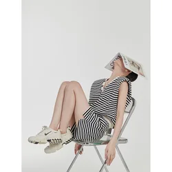 Black And White Striped V-neck Top And Shorts High-end Summer Dress Two-piece Summer Wear Suit