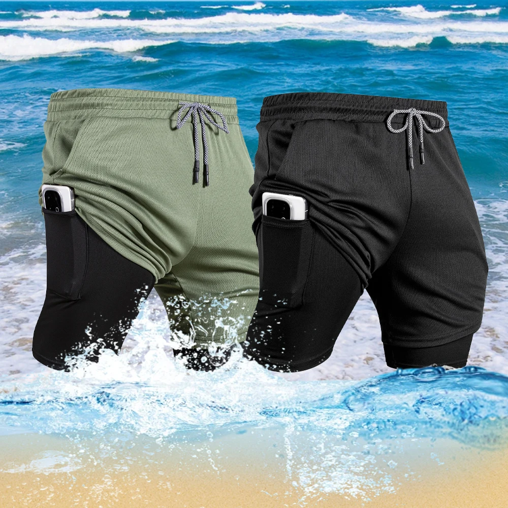 

Men's Fitness Sports Shorts 2-in-1 Quick Dry Running Short Pants Fake Two-piece Training Anti-exposure Basketball Casual Shorts