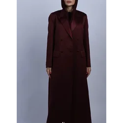 Dark Burgundy Women Long Jacket Double Breasted Female Daily Coat Formal Ankle Length Dress jaqueta feminina