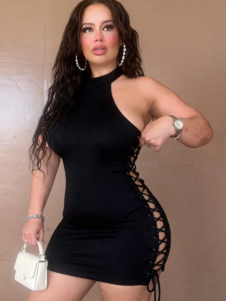 Nibber Hollow Sexy Fashion Mini abito Donna Halter con spalle scoperte Backless Side Shirring Design Skinny Peach Hip Midnight Clubwear