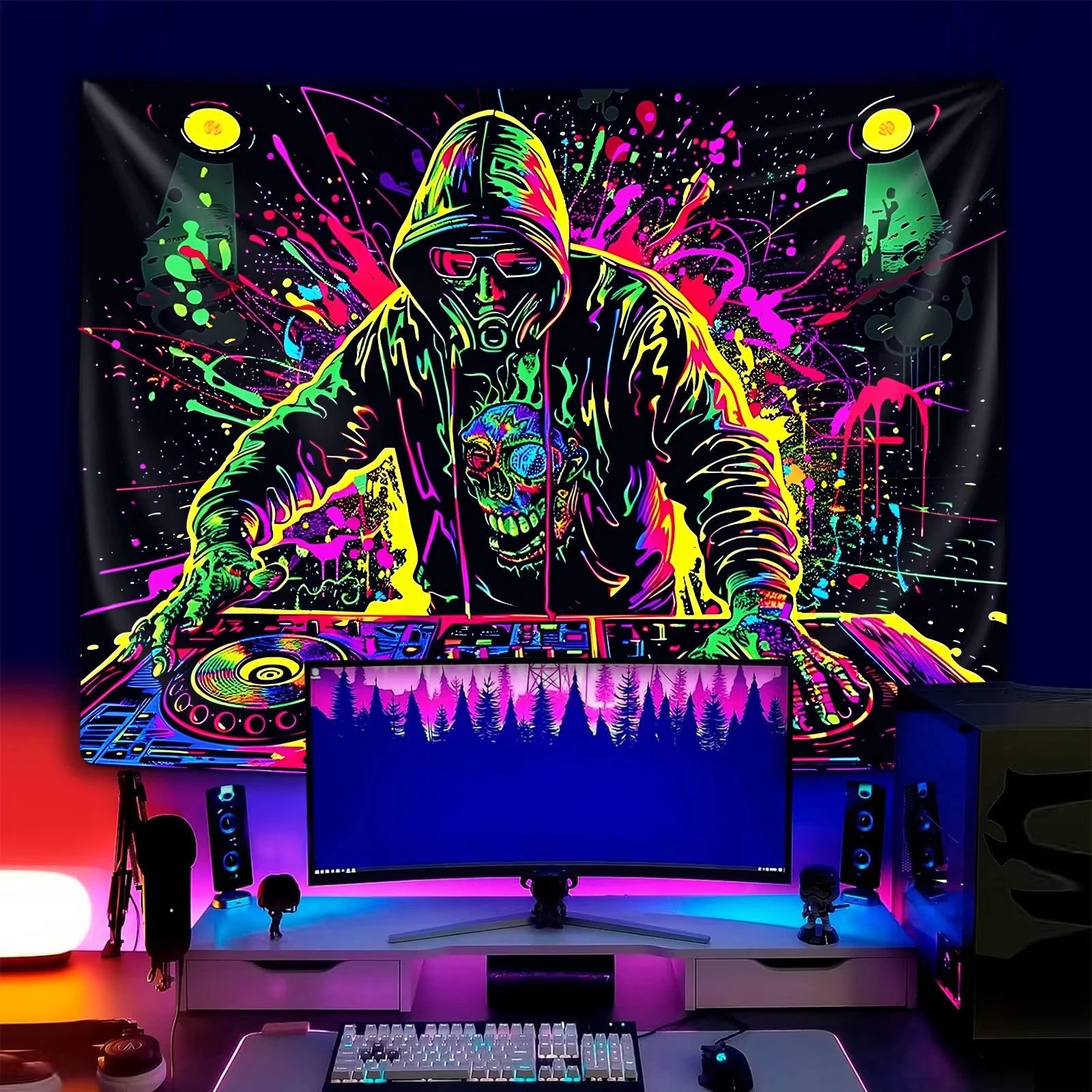 VIKAMA Fluoreszierende DJ-Schädel-Wandteppich-Dekoration – Neon-Spritzer, Schlafzimmer, Party, Hintergrund, Wandbehang, Dekoration