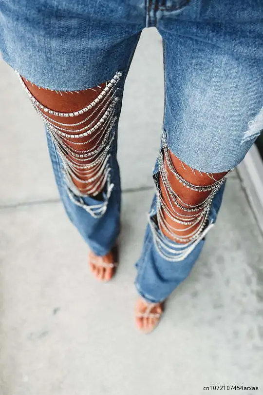 Rechte Jeans Broek Vrouwen Lente Zomer Gaten Diamond Rhinstones Effen High Street Hoge Taille Katoenen Denim Broek