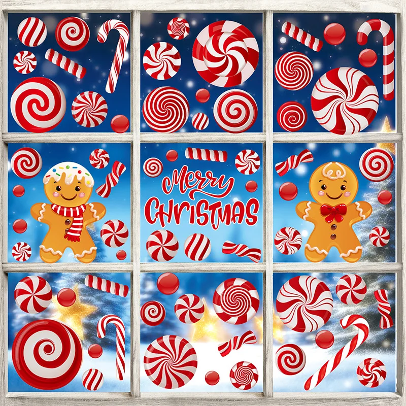 Fensteraufkleber mit Weihnachts-Lebkuchenmann und Zuckerstange – süße Feiertagsaufkleber für Schlafzimmer, Wohnzimmer, Glas, Urlaubsdekoration