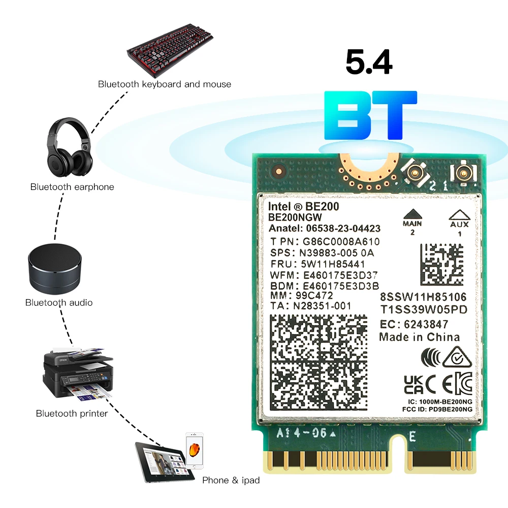 Imagem -03 - Adaptador de Rede sem Fio para Notebook Intel Be200 Wifi Bluetooth 5.4 Be200ngw 802.11ax 2.4g 5g 6ghz Ngff pc Notebook Be200