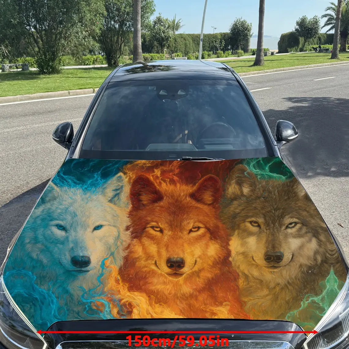 Elemental Wolf Trio Car Vinyl Wrap, PVC Material Waterproof Car Hood Sticker, Self-Adhesive Scratch-Resistant Stickers for Engin