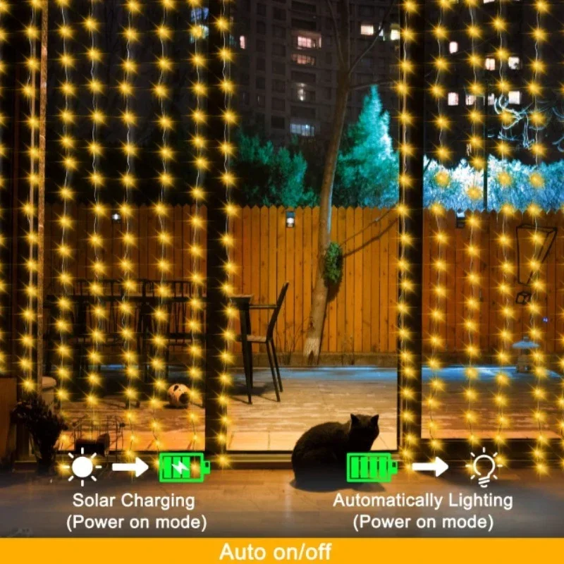 Imagem -03 - Waterfall Led Lights Cortina Guirlanda String Lights Energia Solar Exterior Varanda Pátio Decoração do Jardim Modos