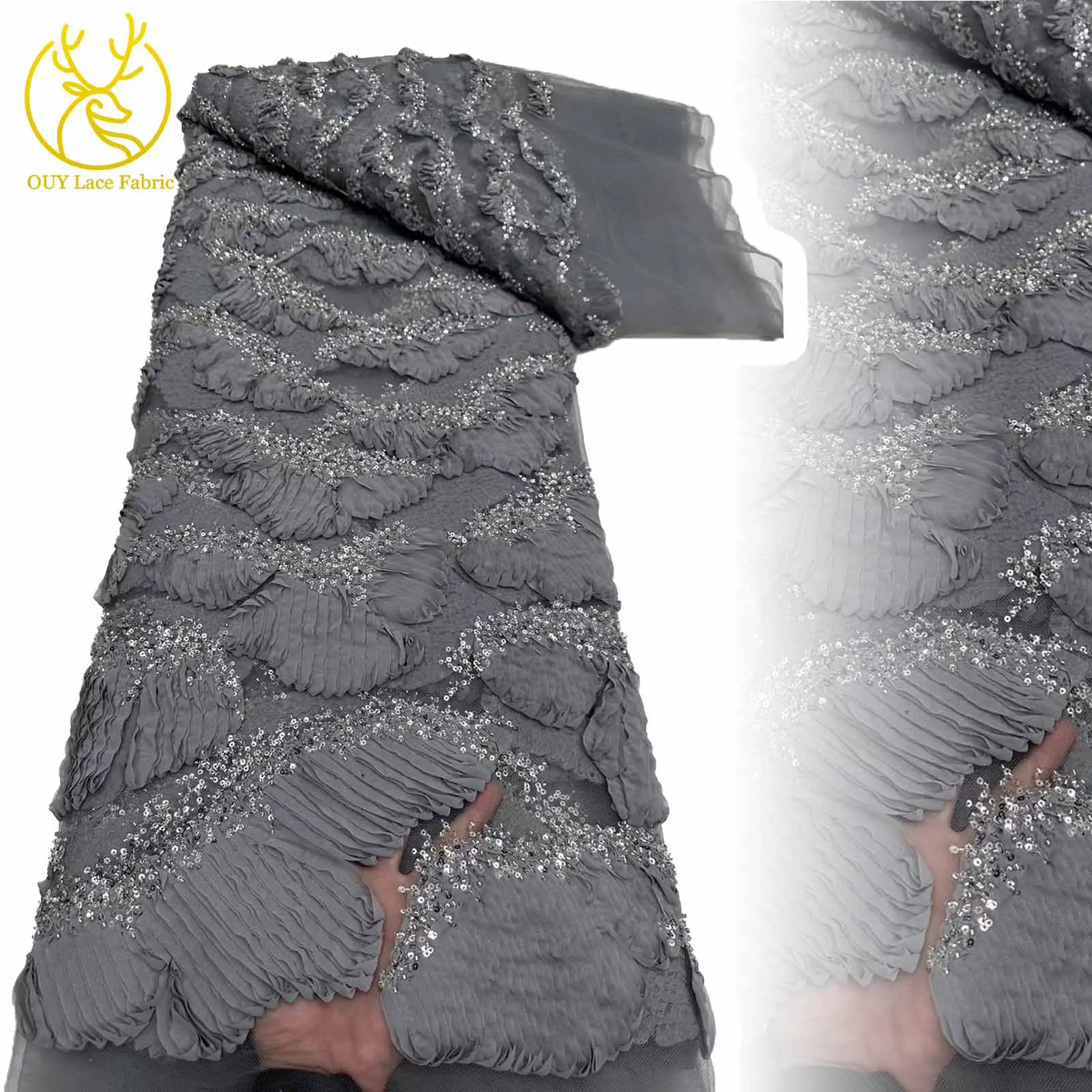 

African Sequins Beaded Lace Fabric 2025 High Quality 3D French Nigerian Bridal Dress Tulle Lace Fabric For Wedding Party 5 Yards