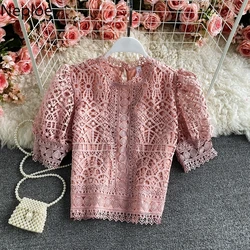 Blusas Mujer De Moda 2023 Vintage Puff Sleeve Blouses Hollow Out Crochet Floral Crop Tops Korean Summer Elegant Lace Shirts