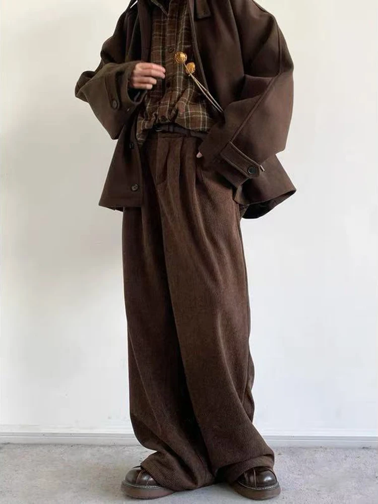 Japanese Vintage Corduroy Pants Women Y2k Winter Thick Loose Streetwear Casual Pants Bf High Waist All Match Straight Trousers
