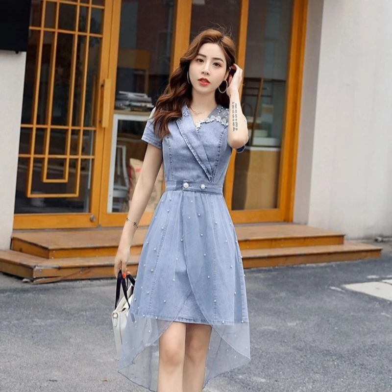 

Женский сет из двух предметов: джинсовое платье с сетчатыми вставками, летняя новинка 2026 года, приталенный крой, стройнящий силуэт, модное эфирное платье