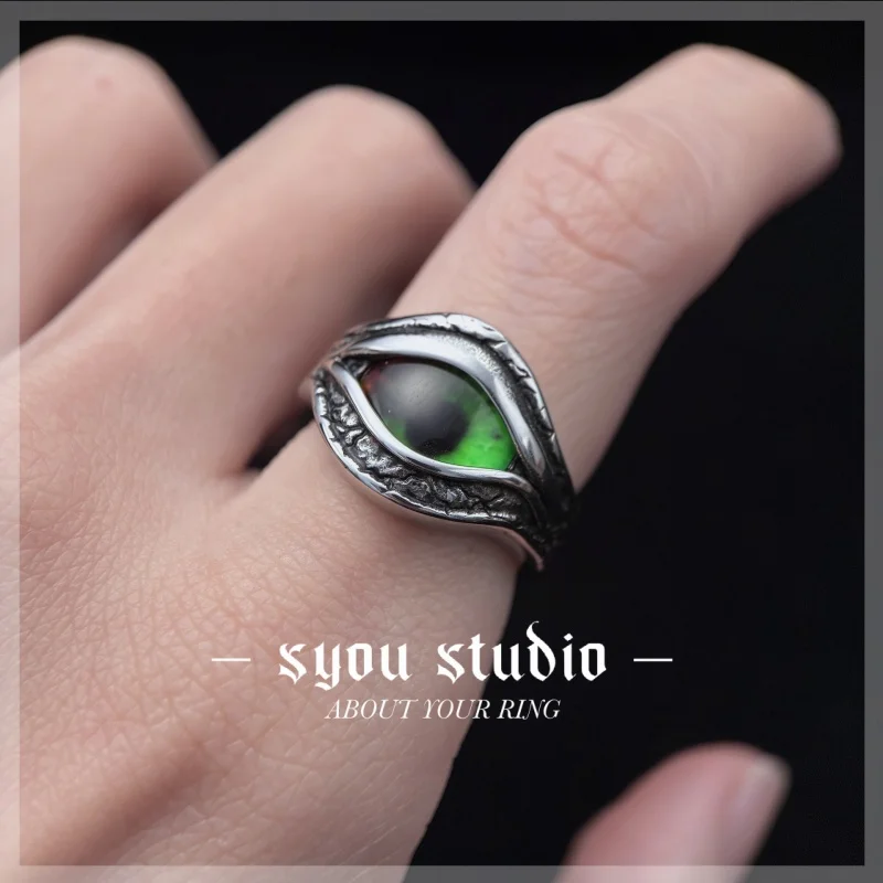 New Oval Green Colour Retro Devil\'s Eye Geometric Stainless Steel Ring Man Punk Rock Neutral Party Women Gift Jewelry Wholesale