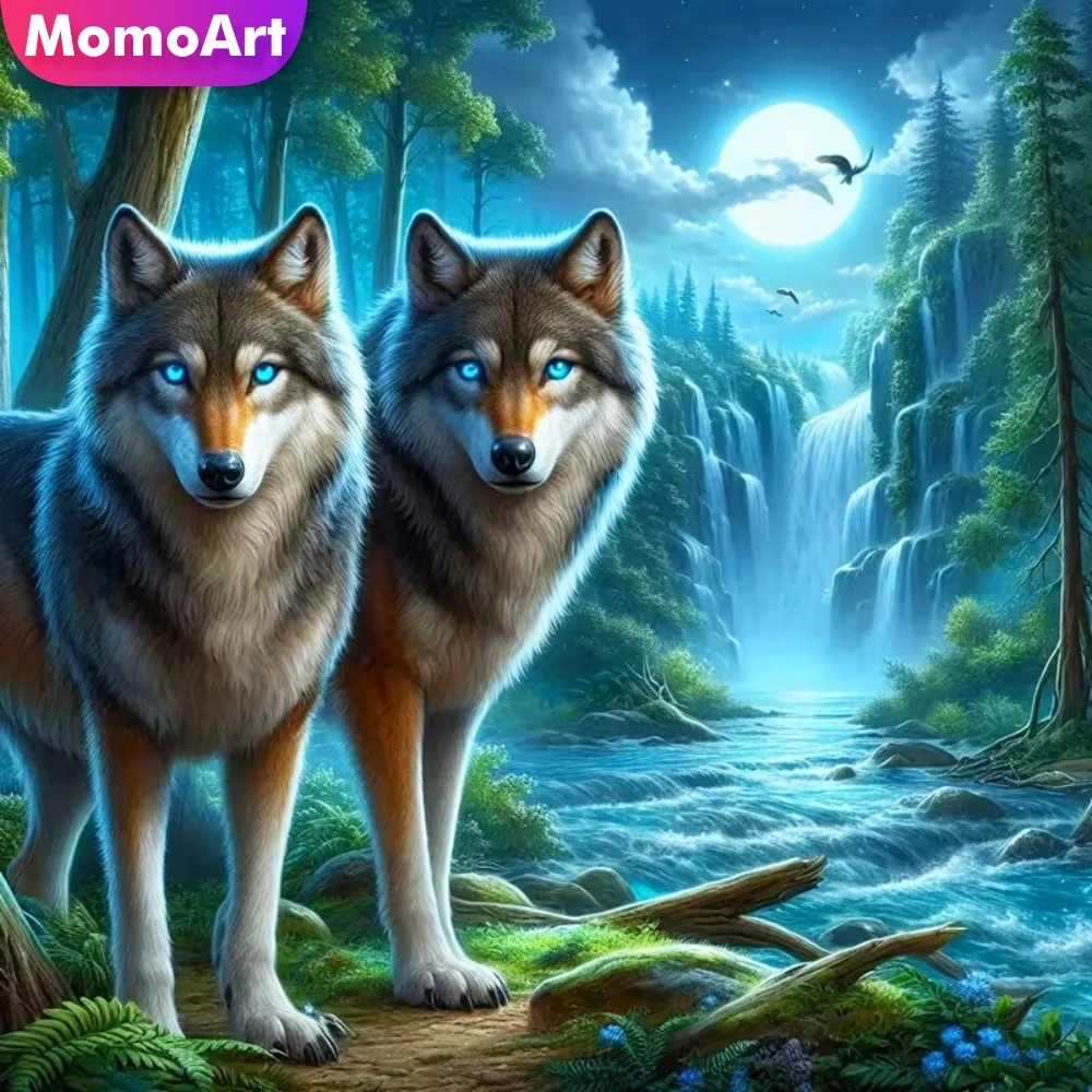 Momoart Diamant-Mosaik Wolf Tiermalerei Mond Kreuzstich-Set DIY Diamant-Stickerei Wasserfall Heim Schlafzimmer Wandkunst