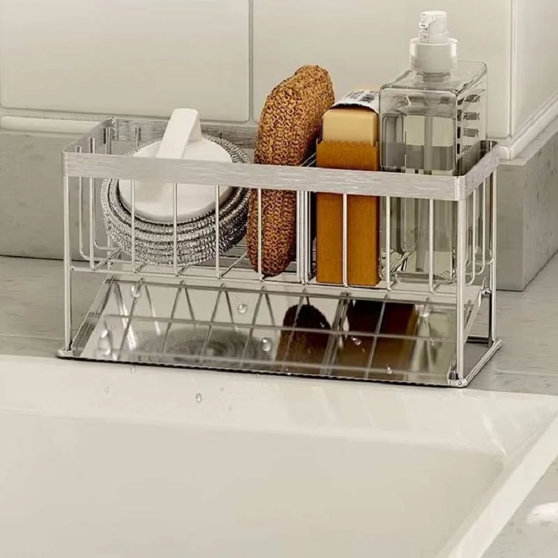 Home Storage Baskets 304 Stainless Steel Sink Sponge Rag Drain Rack Kitchen Supplies Countertop Multifunctional Storage Shelving