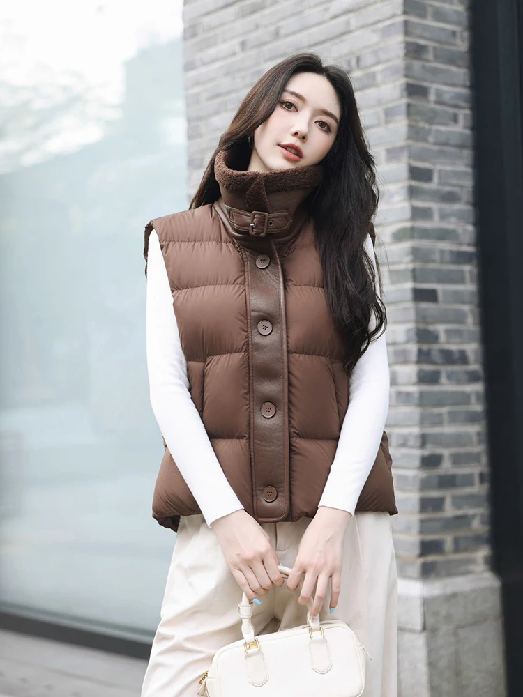 الخريف الشتاء الجلد المدبوغ التلبيب الدافئة أسفل سترة المرأة الأبيض بطة أسفل فضفاضة سترات بلا أكمام الإناث واحدة الصدر الصلبة الصدريات